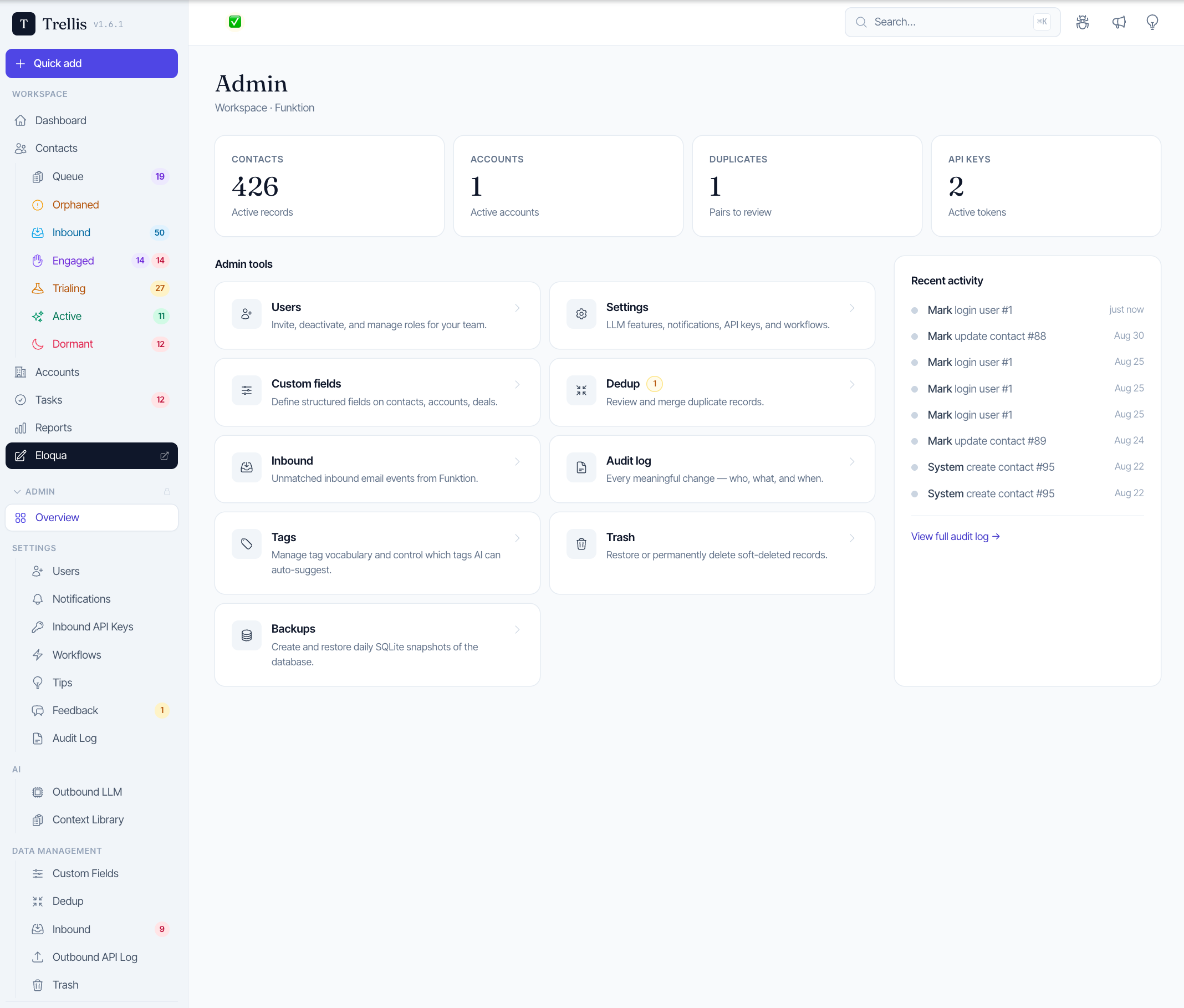 The CRM admin overview: tools for users, custom fields, deduplication, inbound mail, audit log and backups.